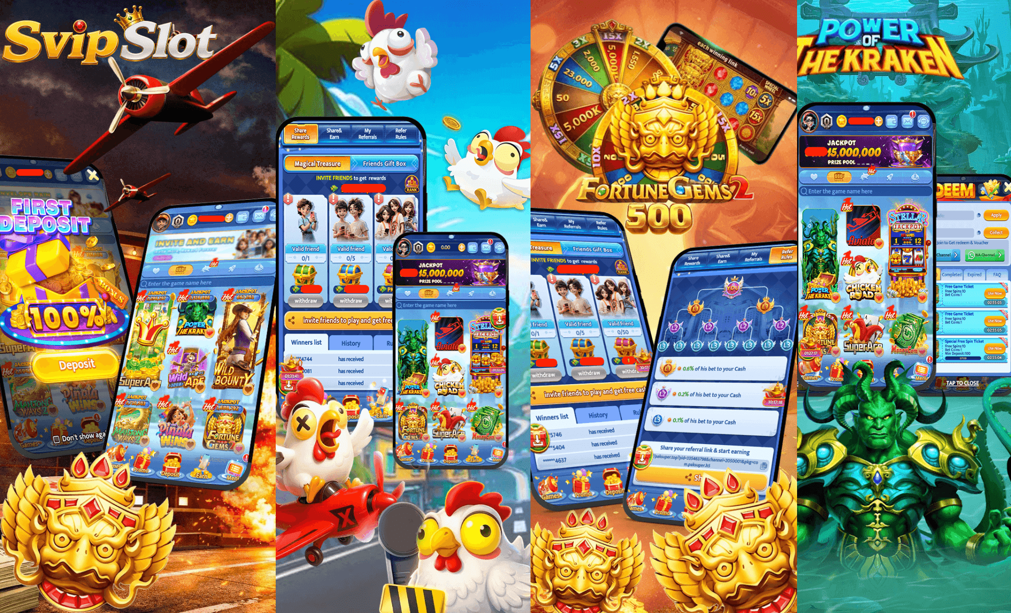 Svip Gems collage with offer slogans and lobby screens