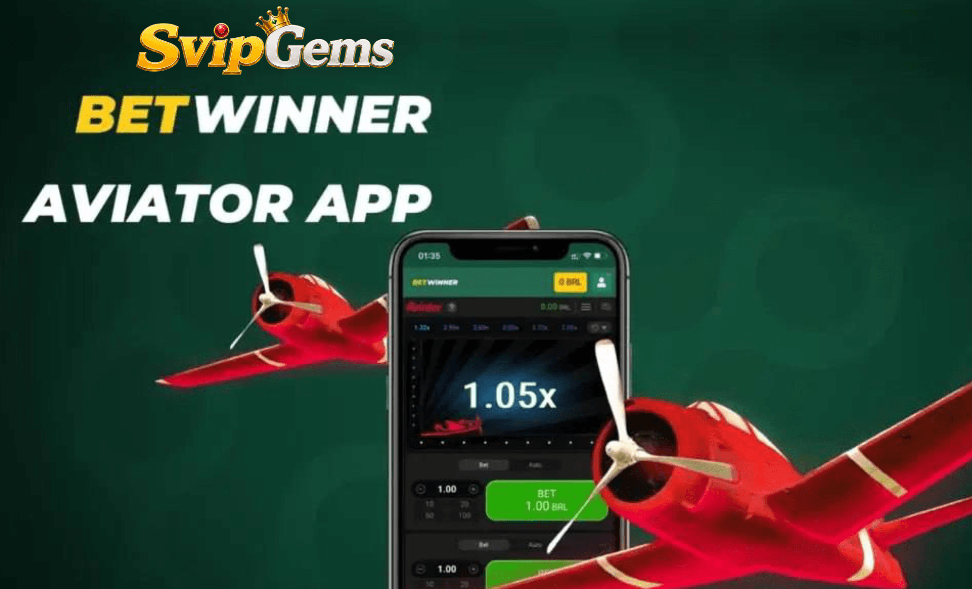 Svip Gems graphic with a phone and a red plane