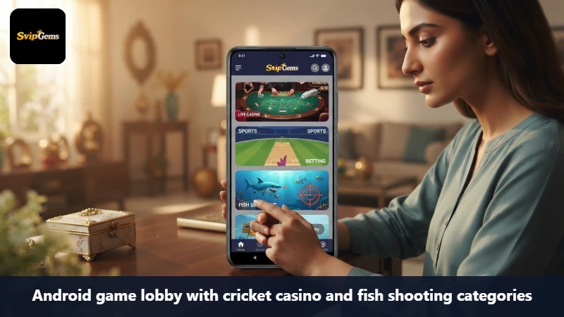 Android game lobby with cricket casino and fish shooting categories