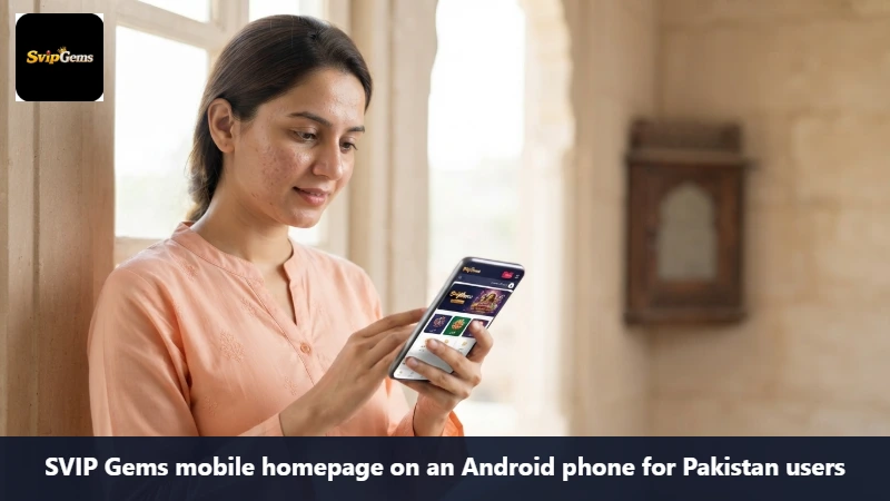 SVIP Gems mobile homepage on an Android phone for Pakistan users